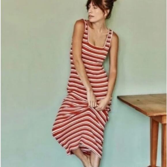 Summersalt XSmall XS Red White Striped Ribbed Square Neck Midi Dress Modal Tank - Picture 10 of 10